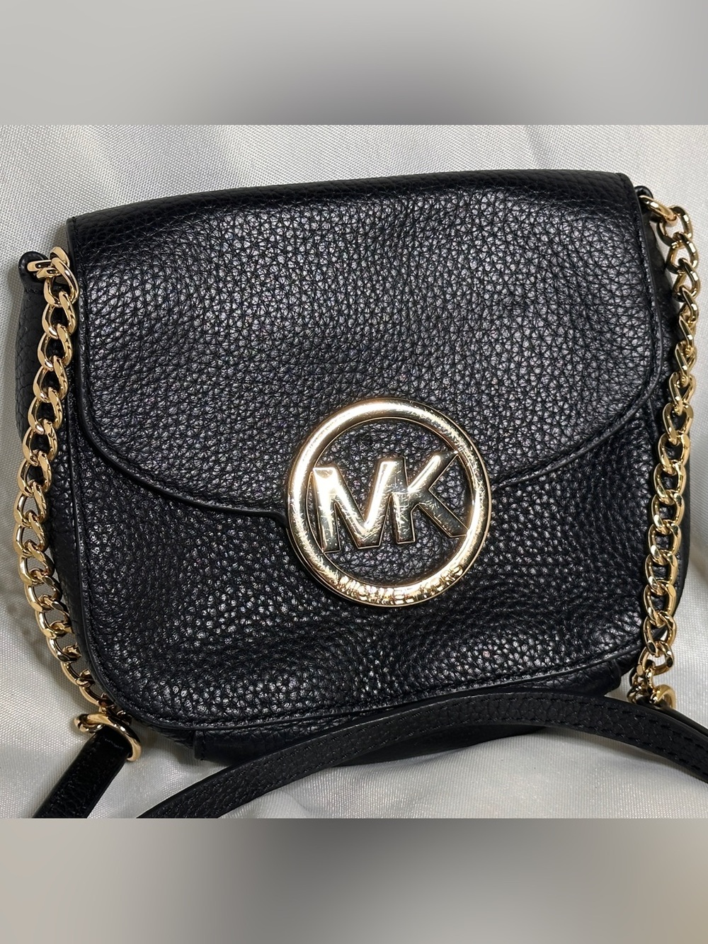 Michael Kors Black Pebbled Leather Crossbody with Gold MK Emblem